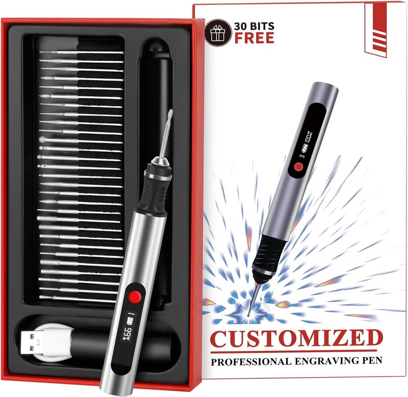 Kaibced Engraving Pen, Ultimate Cordless Engraving Pen for Artists & DIYers - Engrave 60+ Surfaces - Beginner Friendly- 30 Bits & Mastery Guide (Grey) - Image 2